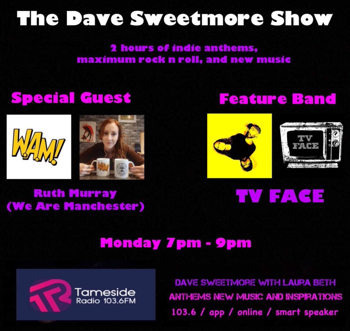 dave sweetmore (@davesweetmore) on Twitter photo Back LIVE on <a href="/tamesideradio/">Tameside Radio</a> straight after the 7pm news. 2 hours of indie anthems, maximum rock n roll, and new music. Special guest <a href="/GrungeRockGirl/">Ruth Murray</a> from <a href="/wearemanchester/">Wearemanchester</a>, feature band <a href="/tvfaceband/">TV FACE</a>.
With <a href="/LauraBethReal/">Laura Beth</a>.
103.6 / app / smart speaker / Tamesideradio.com π» πΈ Back LIVE on <a href="/tamesideradio/">Tameside Radio</a> straight after the 7pm news. 2 hours of indie anthems, maximum rock n roll, and new music. Special guest <a href="/GrungeRockGirl/">Ruth Murray</a> from <a href="/wearemanchester/">Wearemanchester</a>, feature band <a href="/tvfaceband/">TV FACE</a>.
With <a href="/LauraBethReal/">Laura Beth</a>.
103.6 / app / smart speaker / Tamesideradio.com π» πΈ
