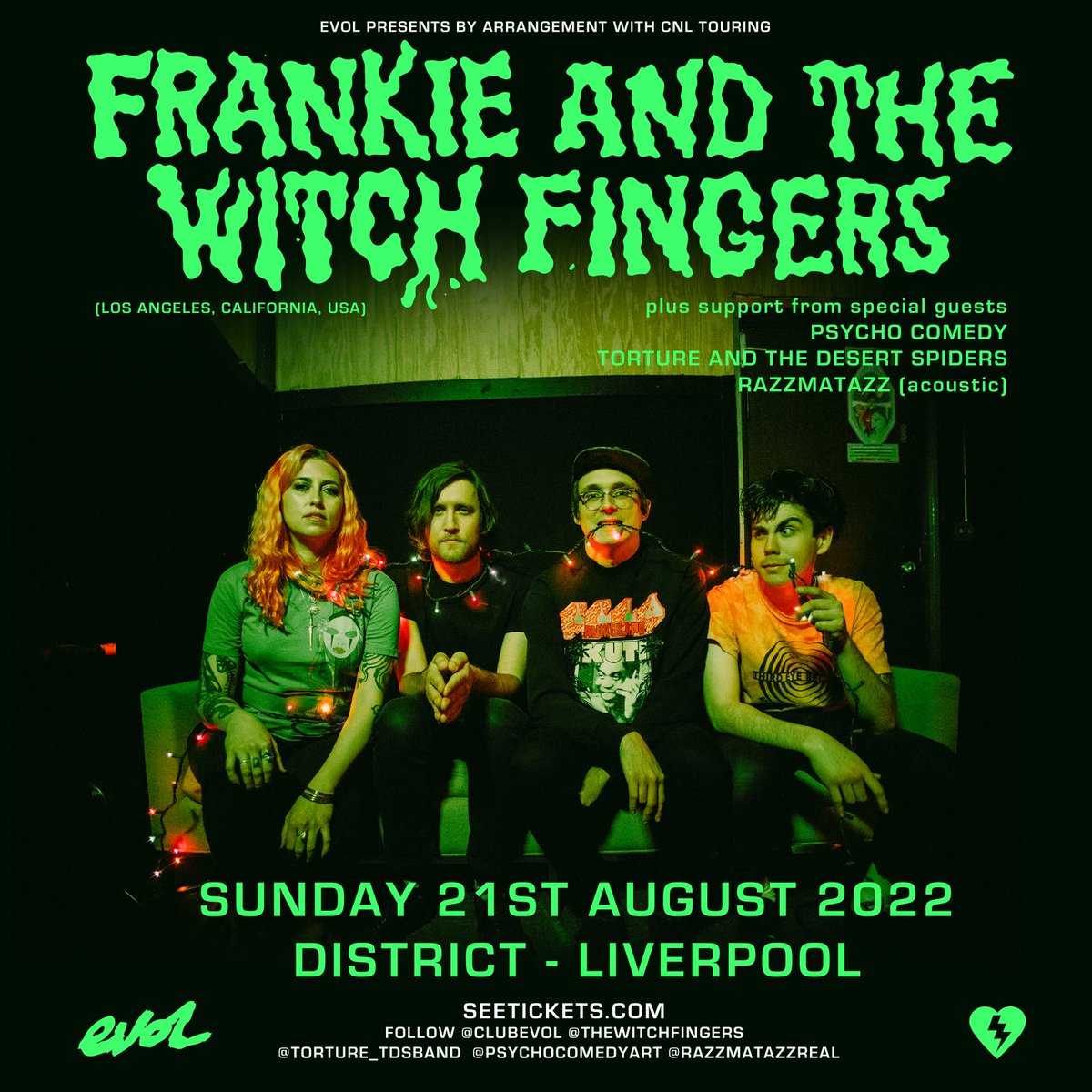 "...probably the best psych record of the year!" - <a href="/louderthanwar/">Louder Than War</a>

"boundless" - <a href="/ClashMagazine/">CLASH</a>

Los Angeles' frenetic freak psych outfit <a href="/thewitchfingers/">Frankie and the Witch Fingers</a> headline <a href="/DistrictLpool/">District</a> + <a href="/psycho_comedy/">Psycho Comedy</a> <a href="/Torture_TDSBand/">torture and the desert spiders</a> &amp; <a href="/Razzmatazzreal/">Razzmatazz UK</a> in 2 weeks.

Get tickets: seetickets.com/event/frankie-…