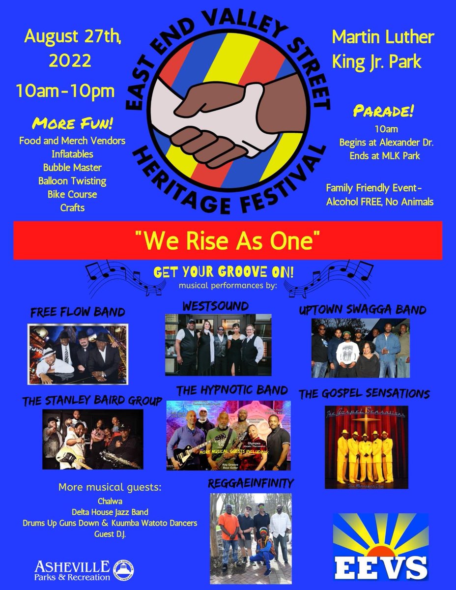 EWPearsonProj's tweet photo. The 2022 #EastEndValleyStreetCommunityHeritageFestival will take place in @CityofAsheville - MLK Park, 50 Martin Luther King, Jr. Dr. in #Asheville on Aug. 27 from 10am-10pm. There will be #livemusic, vendors, food trucks, &amp; a children’s area https://t.co/5lMLH1lRsv https://t.co/JIUHxMh6rU