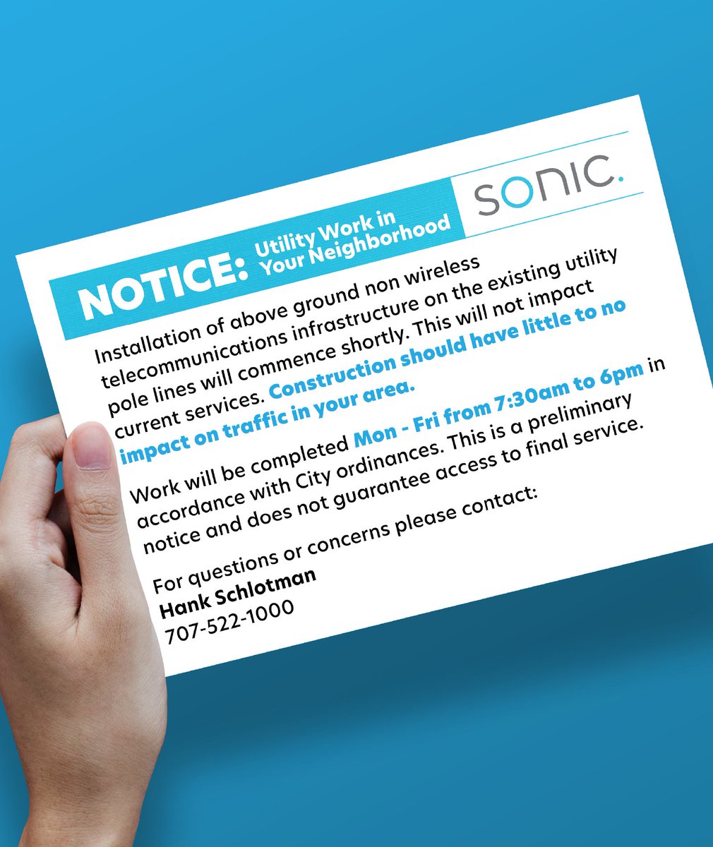 Actualización: Sonic está realizando trabajos de servicios públicos en la ciudad de #Healdsburg. Habrá la instalación de la infraestructura de telecomunicaciones no inalámbricas por encima del suelo en las líneas de postes de servicios públicos. No habrá impacto a su servicio.