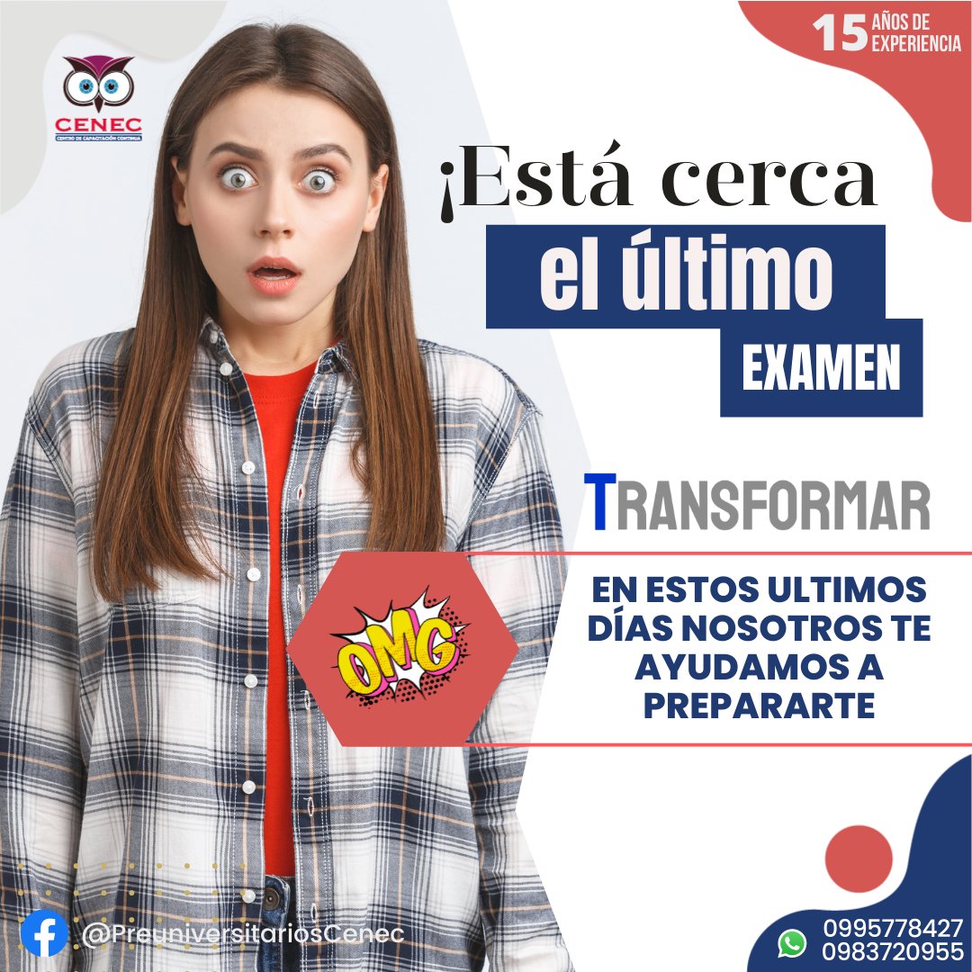 PCenec's tweet photo. ¡HEY!
El último examen transformar está cerca, te ayudamos a prepararte.
VEN Y ACEPTA EL RETO, e ingresa a la Educación Superior.
"SOMOS CENEC"
🥇Somos los #1 en CAPACITACIÓN y PRESTIGIO
#ingresoalauniversidad #universidades #admisión2022 #SoyCENEC https://t.co/pqOlQMaLPU