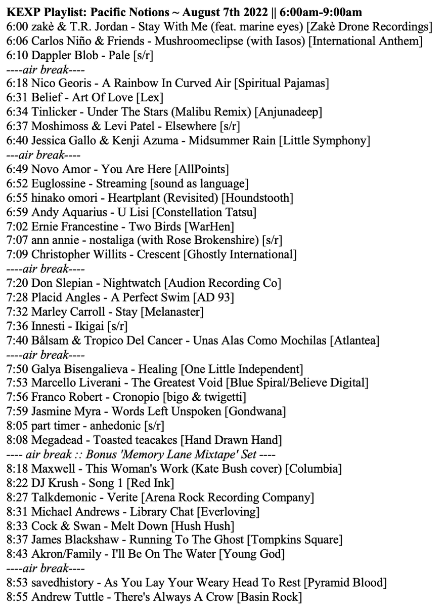 'Pacific Notions' ~ August 7th 2022 🌊💙

Stream before August 21st:
bit.ly/3SxgM97 

...or from the <a href="/kexp/">kexp</a> app 📱📻📱

new music via <a href="/intlanthem/">𝗜𝗻𝘁𝗲𝗿𝗻𝗮𝘁𝗶𝗼𝗻𝗮𝗹 𝗔𝗻𝘁𝗵𝗲𝗺</a> <a href="/LexRecords/">lexrecords</a> <a href="/ctatsupurr/">Constellation Tatsu</a> <a href="/olirecords/">One Little Independent Records</a> <a href="/HoundstoothLBL/">Houndstooth</a> <a href="/AD93rec/">AD 93</a> <a href="/gondwanarecords/">Gondwana Records</a> <a href="/WarHenRecords/">WarHen Records</a> <a href="/bigoandtwigetti/">Bigoandtwigetti</a>  + more ✨