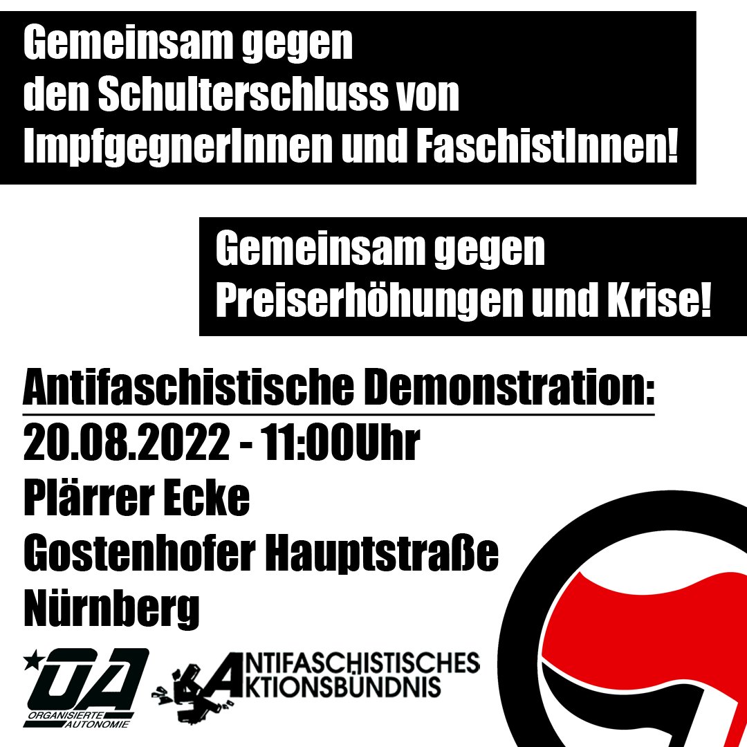 Am #nbg2008 in #Nürnberg auf die Straße gegen QuerdenkerInnen, Geschichtsrevisionismus und die pseudo-Gewerkschaft Zentrum!
Die Demonstration läuft zum Auftakt der ImpfgegnerInnen! Achtet auf aktuelle Ankündigungen!
Aufruf zur Demo findet ihr hier: kurzelinks.de/f4u0