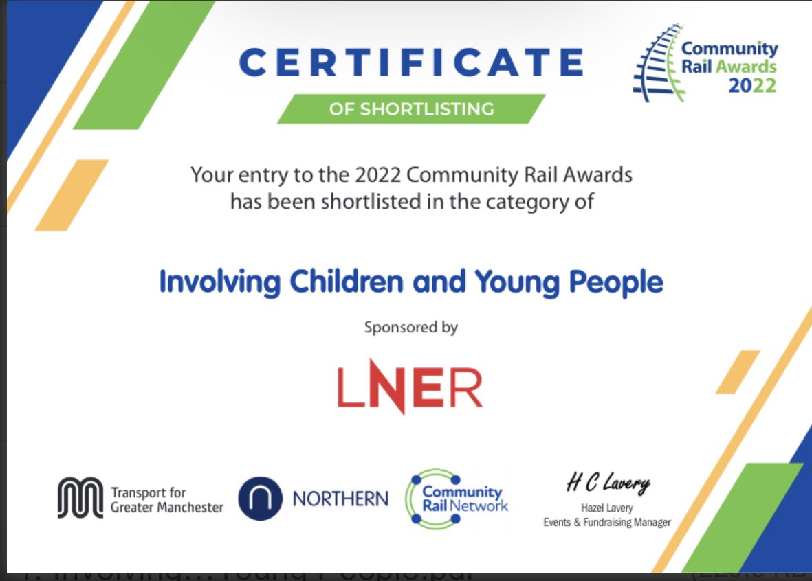 6vtCrp's tweet photo. We are delighted to have been shortlisted for @CommunityRail Awards in the “Involving Children and Young People” Category.. Manchester here we come ! 😀 🚂 🎉 #communityrail @ScotRail @CrossCountryUK @TPExpressTrains https://t.co/gq29brfclv