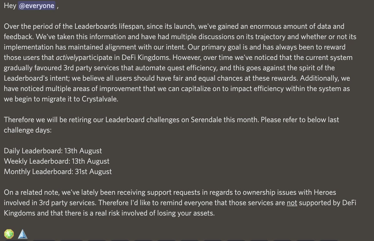 Serendale Leaderboards will be going offline. Please see announcement in screenshot