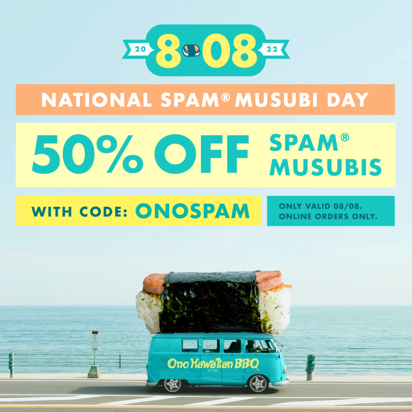 onohawaiianbbq's tweet photo. Happy Spam Musubi Day! 🌺 Get 50% off Spam Musubis all day today on online orders only. 🤙 Not valid on third party apps. #nationalspammusubiday #musubimonday https://t.co/lM8bG3S6xA
