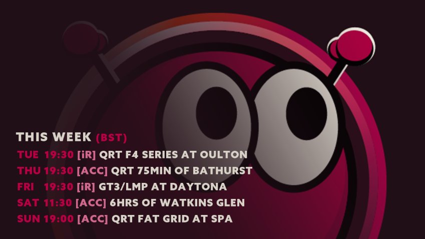 LucidFrank's tweet image. Here's your plum TV guide for the week!

More community championships, a 6hr team race with @NewbridgeES and a @QRT_Gaming Spa special.

#simracing #beACC #iRacing - 1/3