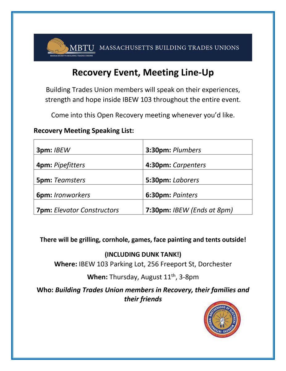Join MA Building Trades Unions Recovery Council this Thursday, August 11th from 3-8pm at <a href="/IBEW103/">Local 103 IBEW</a>. Join us for grilling, games and solidarity! 

Event open to all building trades union members, families and friends, not just to those in recovery.