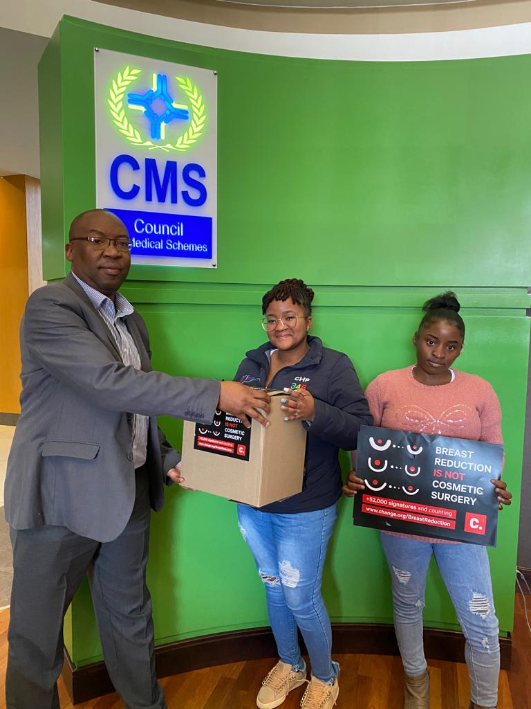 CMSCares4u's tweet photo. Today, #BreastReductionSupportSA delivered their petition to the CMS, which was accepted by Mr Zongezile Baloyi, Executive: Corporate Services, and Ms Sli Mnqeta, Communications Manager.
The CMS is committed to ensuring equitable access to care.
#MedicalSchemes #CMSCare4U https://t.co/u8rstlBGGI