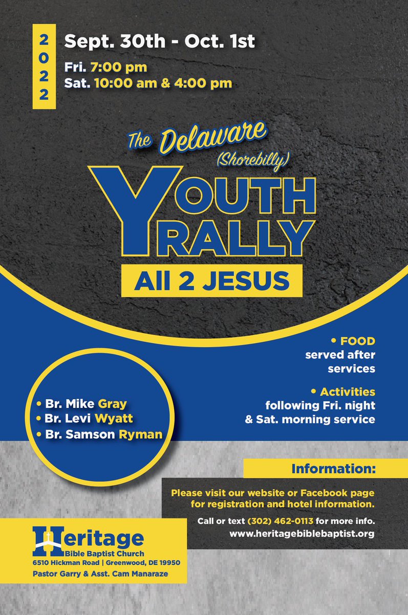 CamManaraze's tweet photo. We would love for you to join us on September 1st- October 2nd for the Delaware (Shorebilly)Youth Rally! You can register for free at the link below!
https://t.co/7XWAItZcnZ
#TheDelawareYouthRally #Shorebilly #AllToJesus @leviRwyatt https://t.co/iqwceVSZ2y