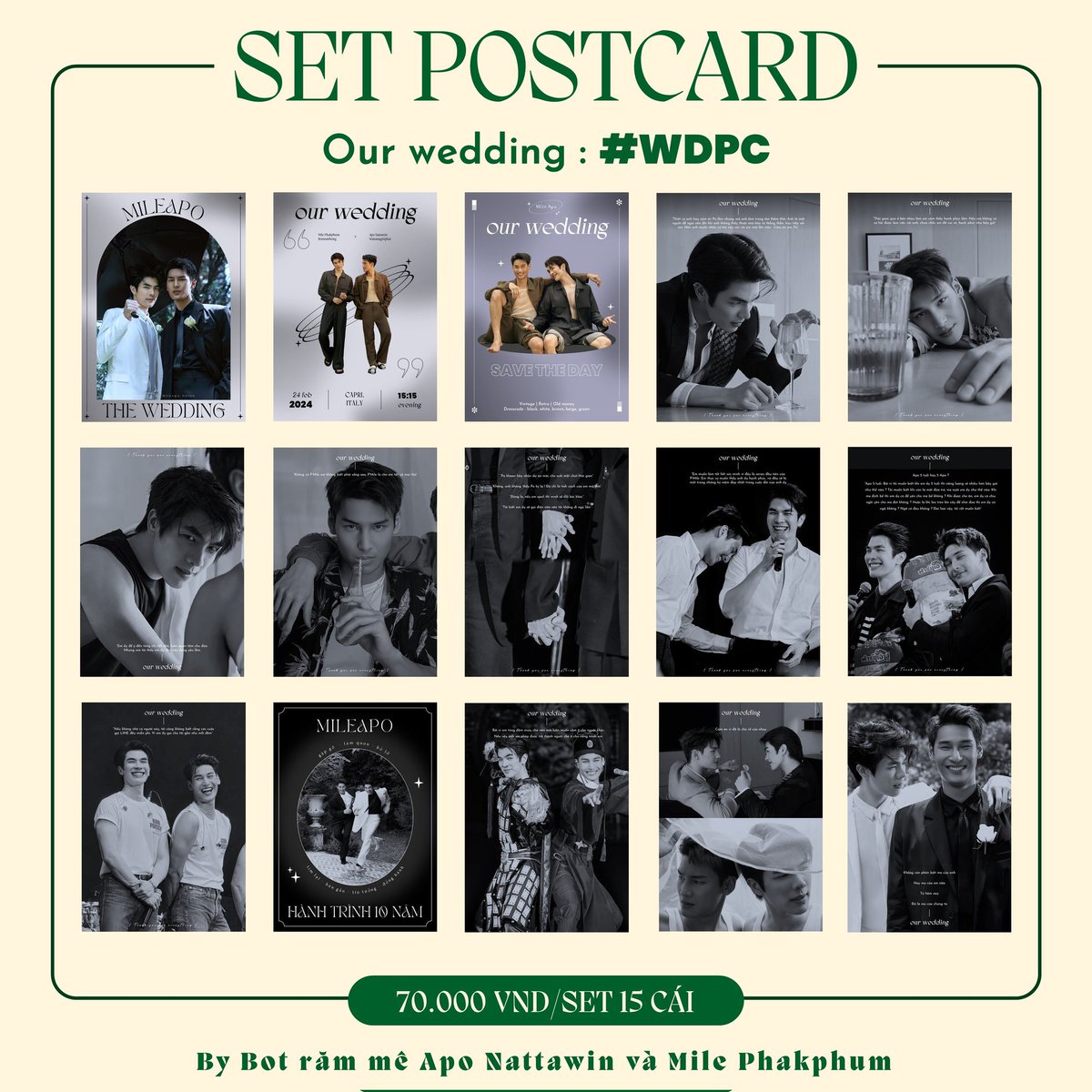 MyApplexMileApo's tweet image. ✨ POSTCARD SET : 70.000 VND
+ Mã sản phẩm: Our wedding #WDPC
+ Số lượng : 15 tấm/set
+ Size: A5, hai mặt, cán bóng