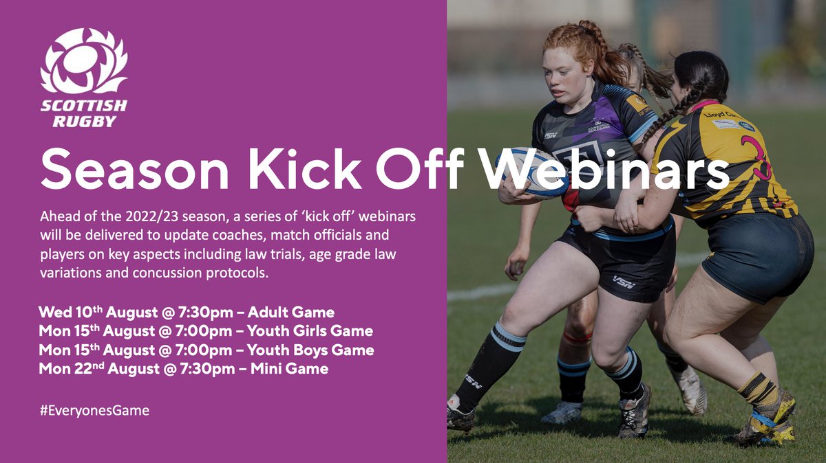 📢Reminder - 22/23 season kick off webinar (adult game) on Wednesday (10th Aug @ 7:30pm) - registration details below👇

Updates ☑️
- Laws (including law trials)
- Concussion protocols
- Age banding
- Coaching standards

🔗Register here bit.ly/3BvPSbL