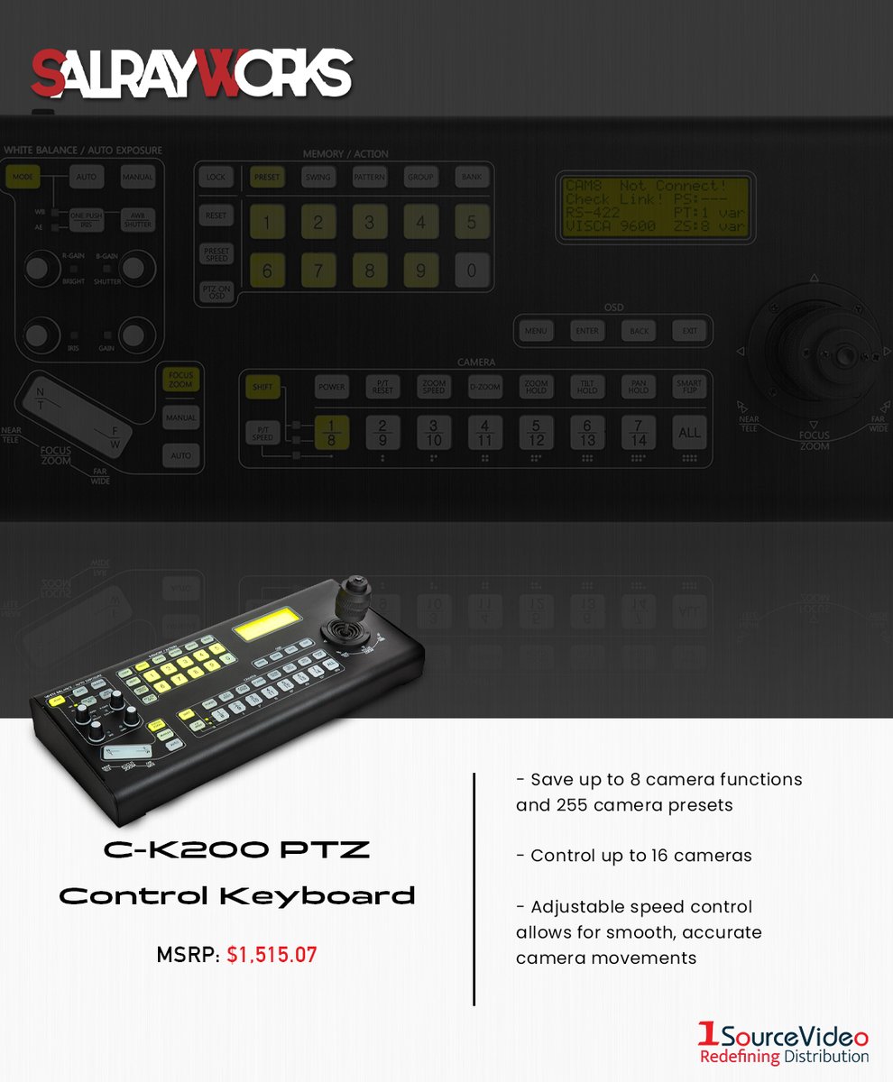 1sourcevideo's tweet photo. Salrayworks' C-K200 PTZ Control Keyboard makes it easy to achieve professional looking productions with joystick PTZ control!
#Salrayworks #1SourceVideo #PTZcamera #cameracontroller #PTZcontroller #opticalzoom #recording #video #pantiltzoom #filmequipment #RedefiningDistribution https://t.co/Da0Pk4qwc3