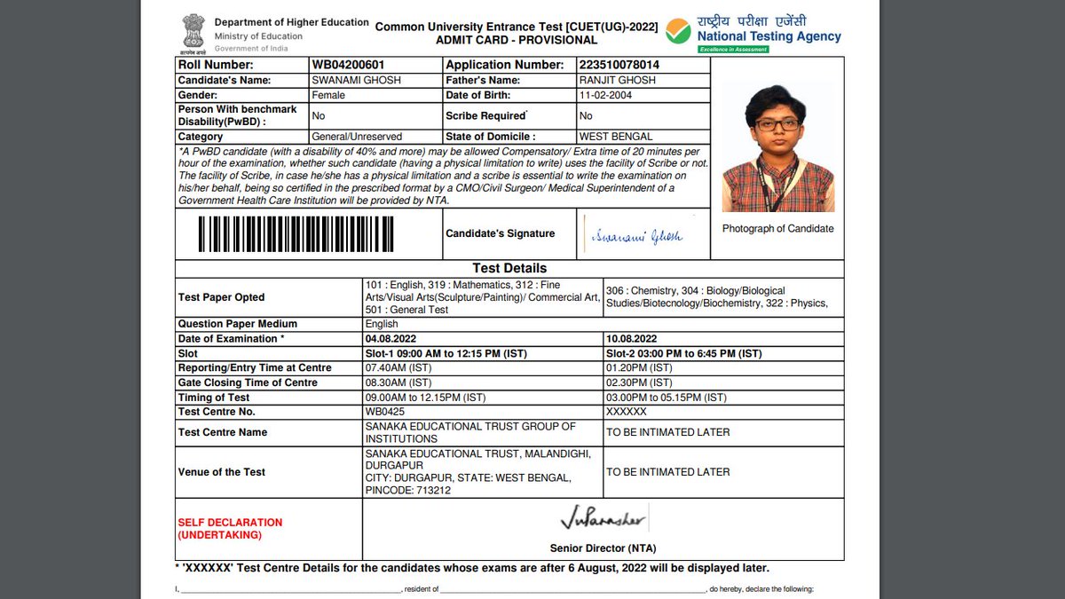 G_SWANAMI's tweet photo. @NidhiTanejaa @DG_NTA @dpradhanbjp my cuet was on 4/8/22 slot1(9-12:15pm)but delayed by an hour and I couldnot give general test.Screen was blank
Centre SANAKA EDUCATIONAL TRUST, MALANDIGHI, DURGAPUR, WEST BENGAL, PIN-713212
Centre no-WB0425
Roll-WB04200601
App no 223510078014
#Cuet2022 #cuet https://t.co/nACPXAg0Ei