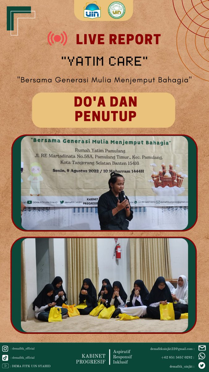 demafitk_uinjkt's tweet photo. Live Report kegiatan Yatim Care yang diadakan oleh Departemen Pengembangan Masyarakat DEMA FITK Tahun 2022 dengan mengusung tema "Bersama Generasi Mulia Menjemput Bahagia." #DEMAFITK #UINJakarta #KabinetProgresif https://t.co/BdQwmGmxA7