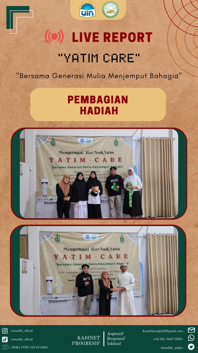 demafitk_uinjkt's tweet photo. Live Report kegiatan Yatim Care yang diadakan oleh Departemen Pengembangan Masyarakat DEMA FITK Tahun 2022 dengan mengusung tema "Bersama Generasi Mulia Menjemput Bahagia." #DEMAFITK #UINJakarta #KabinetProgresif https://t.co/BdQwmGmxA7