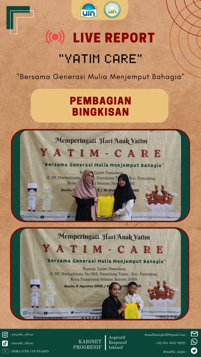 demafitk_uinjkt's tweet photo. Live Report kegiatan Yatim Care yang diadakan oleh Departemen Pengembangan Masyarakat DEMA FITK Tahun 2022 dengan mengusung tema "Bersama Generasi Mulia Menjemput Bahagia." #DEMAFITK #UINJakarta #KabinetProgresif https://t.co/BdQwmGmxA7