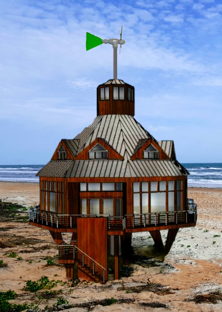 RobertRahbaba's tweet photo. @designboom Already built that.  Self-sufficient tower dwelling, rising above the flood zone.  Coastal habitat. #architecture #windpower #glulam https://t.co/EgyKc2ykyX