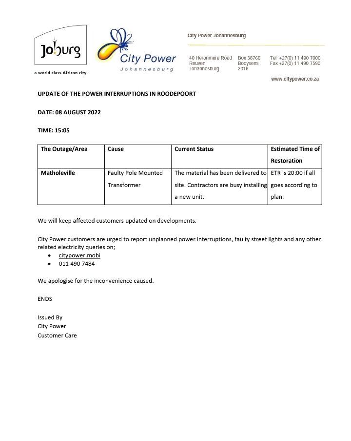 CityPowerJhb's tweet photo. #OutageUpdate #Matholeville
Replacement process is underway. ^NT https://t.co/4AeFl6erw6