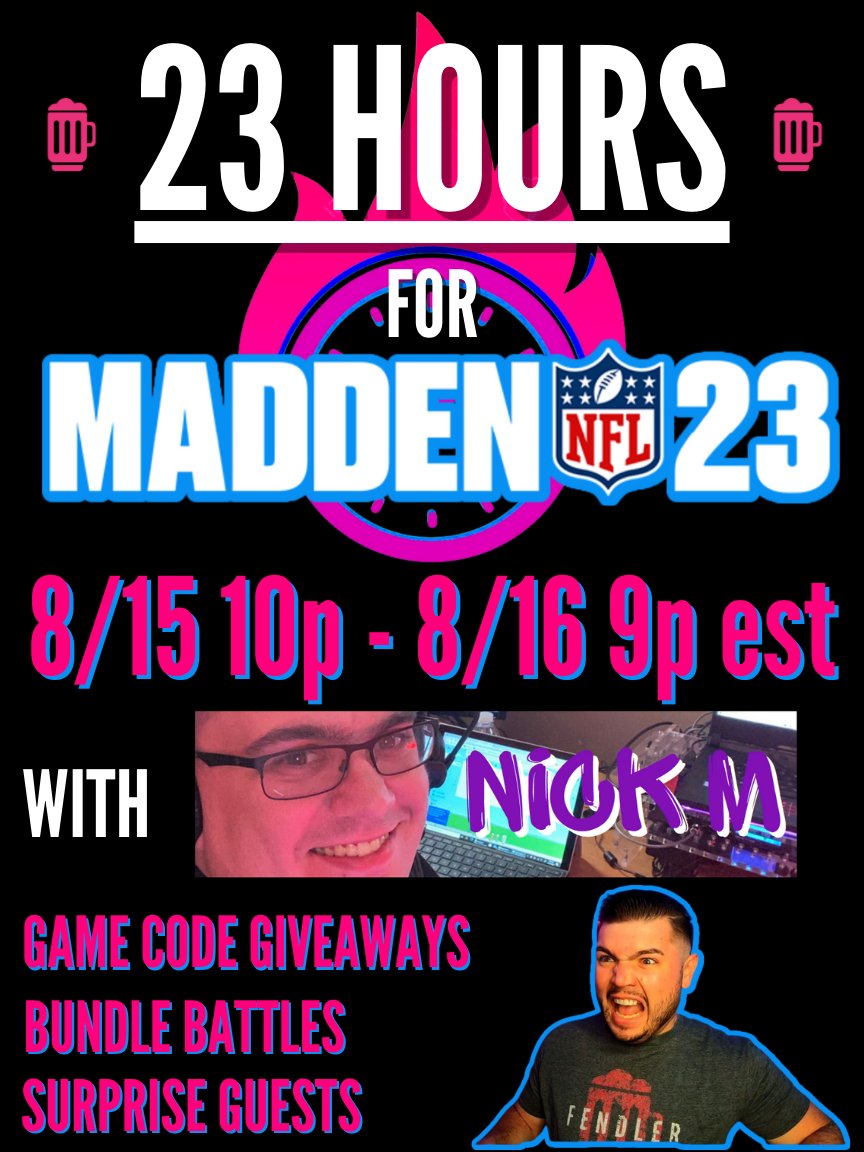 23 HOURS FOR #Madden23 w/ the incomparable <a href="/NickMizesko/">Nick Mizesko</a> is just ONE WEEK out!

Next Monday night @ 10p est, join me and THE CONGREGATION for a marathon celebration of John Madden football.

First of a few code giveaways going to someone who RT's this to help me spread the word!