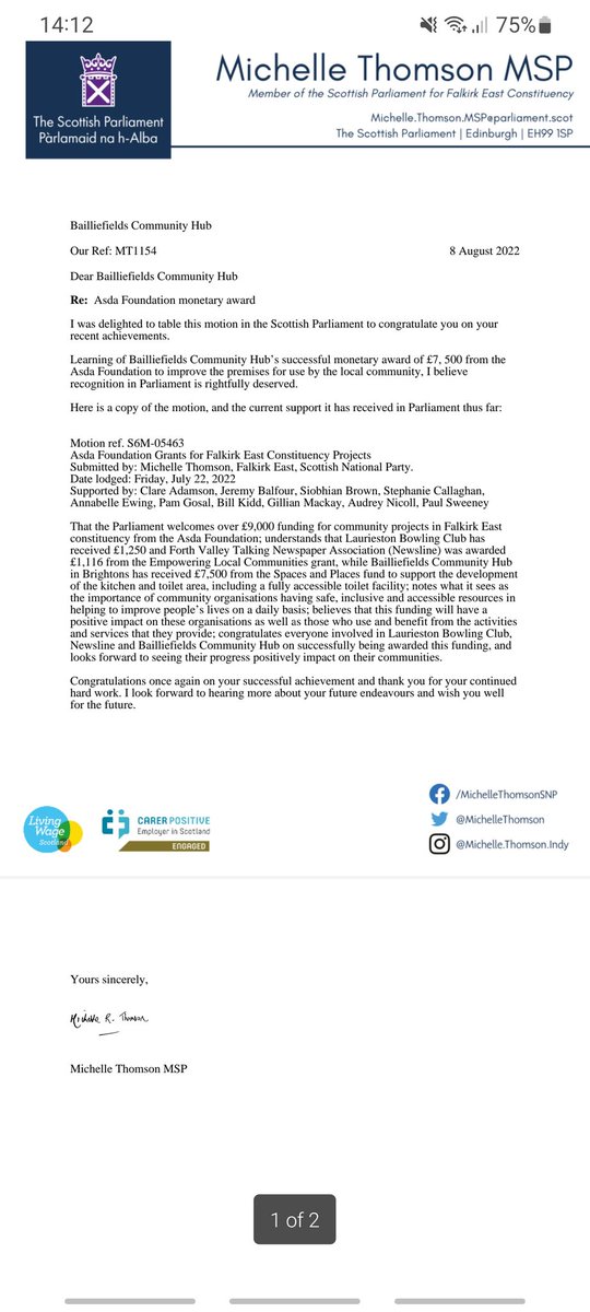 BailliefieldsCH's tweet photo. A third parliamentary motion for @WestquarterCC and Bailliefields Community Hub SCIO!

Still moving forward on our journey to make Bailliefields a 'place for all'.

More to come in the next few months! https://t.co/zYR6h9T47O