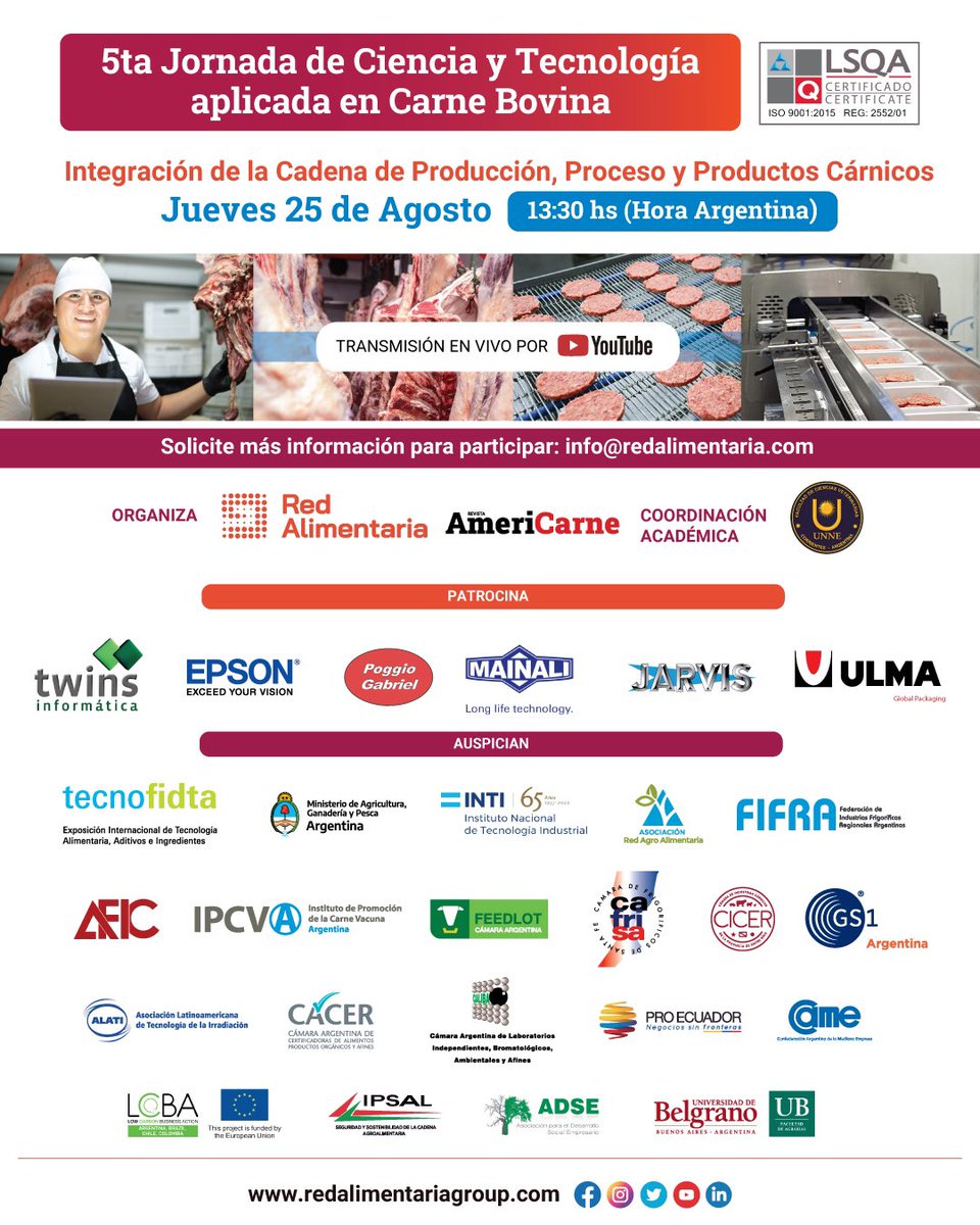 Redalimentaria's tweet photo. ✨5ta Jornada de Ciencia y Tecnología aplicada a Carne Bovina - "Integración de la Cadena de Producción, Proceso y Productos Cárnicos"🥩🐂✨
🗓 25/8/2022 ⏰ 13:30 hs Hora 🇦🇷
💻 Virtual
Actividad NO arancelada
👉🏼https://t.co/QUoXKZc5lf
#redalimentaria #jornada #carne #industria https://t.co/5PLFtywNJ2