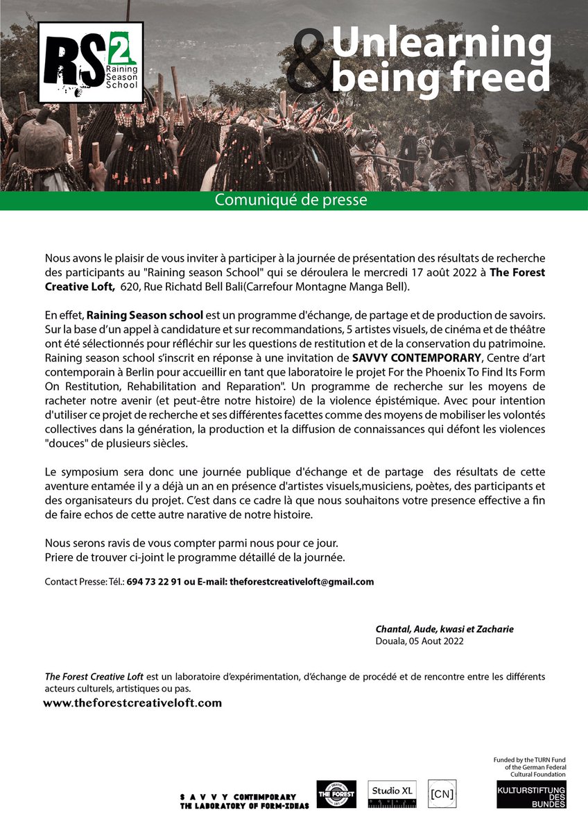 TheForestLoft's tweet photo. RDV le 17 août 2022 dans la forêt 
#cultureisabasicneed 
@SavvyArtSpace @Studioxldouala @RFI @LeMonde_Afrique @jeune_afrique @afriquemagazine @afriquemagaizne @radio_balafon @TeleAsuOfficiel @EquinoxeTv_cm @CRTV_web @canal2inter @ngimbis https://t.co/mL7VRK2C4m