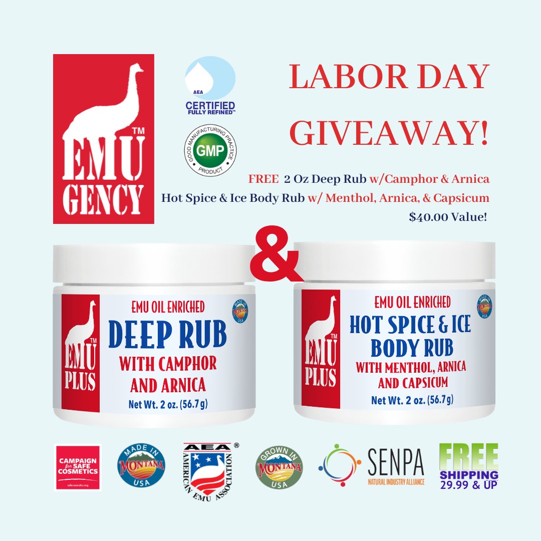 RanchEmu's tweet photo. Are you ready for our next giveaway?! Our Labor Day Giveaway will provide relief for all those strenuous work hours! https://t.co/YxwPFgLktb
#montanaemuranch #emutrients #emuplus #EMUGency #emu #emus #emuoil #emulove #hotspiceice #spice #camphor #arnica #deeprub #laborday https://t.co/D1OYrtoB6n