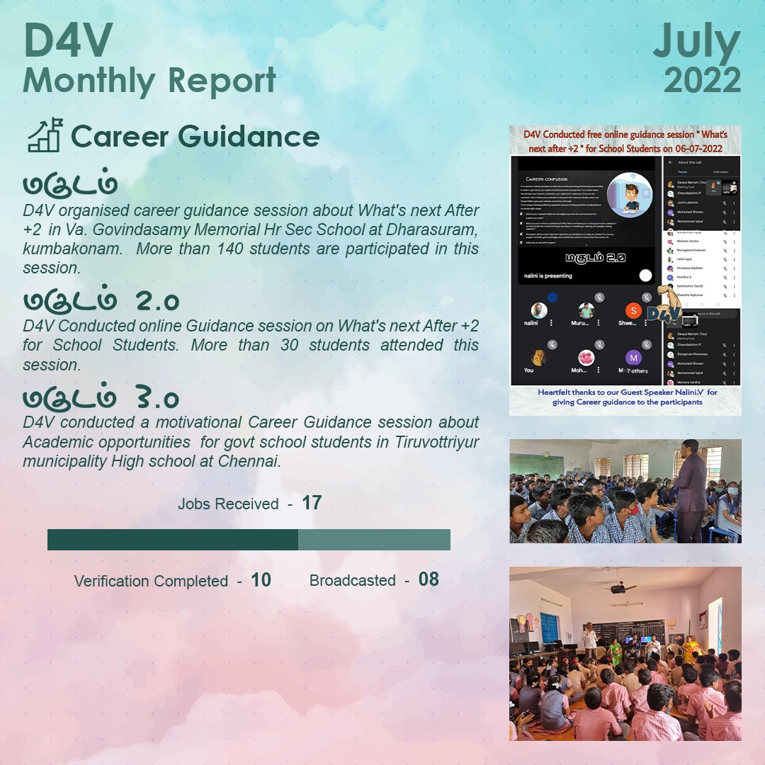 D4Vsupport's tweet photo. D4V monthly report - July 2022
D4V ஆல் ஜூலை மாதத்தில் செய்யப்பட்ட நற்பணிகளின் தொகுப்பு.
மேலும் விவரங்களுக்கு/ உதவிகளுக்கு தொடர்பு கொள்ளவும்
7448888065/61
#NGO
#Shareforhelp
#HelpingHands
#Monthlyreport
#supportus https://t.co/pSIum5lNDt