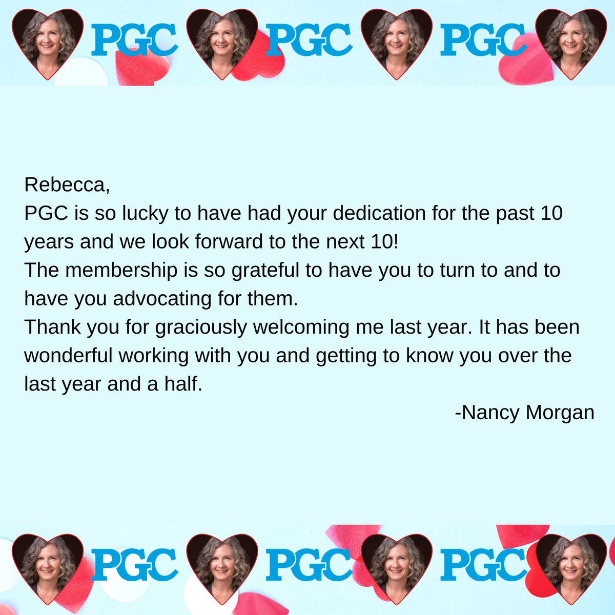 PGuildCanada's tweet photo. TODAY we are celebrating Rebecca Burton’s 10 years with PGC!!! Share the love and post your own message using the hashtag #CelebrateRebeccaPGC
Message from Nancy Morgan https://t.co/wLyzMdDkHc