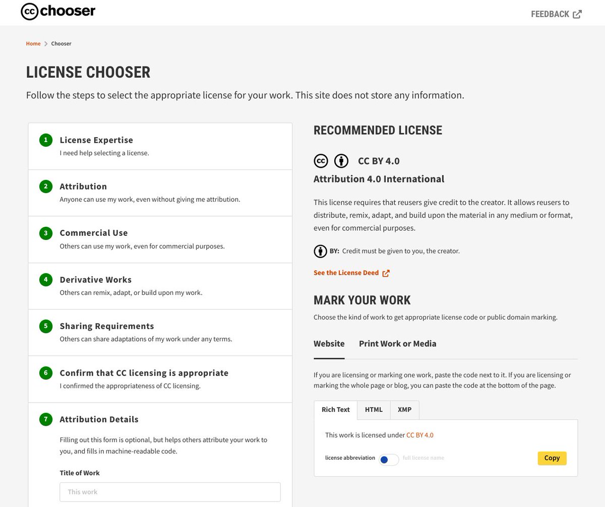 [REL] Creative Commons teste actuellement "License Chooser", outil pour choisir et associer à sa création la licence CC de son choix (en toute connaissance de cause car guidé pas à pas). Une référence, une fois stabilisé et traduit en plusieurs langues.
chooser-beta.creativecommons.org