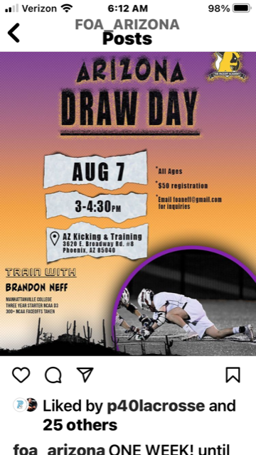 Thanks to <a href="/ArizonaFoa/">FOA Arizona</a> &amp; AZ's own Brandon Neff of <a href="/DesertVistaLAX/">Desert Vista Lacrosse</a> &amp; <a href="/Valiantsmlax/">Manhattanville Men's Lacrosse</a> for bringing back AZ Draw Days. Congrats to OV's <a href="/DrewKlingman/">Drew Klingman</a> for winning the tournament 👑