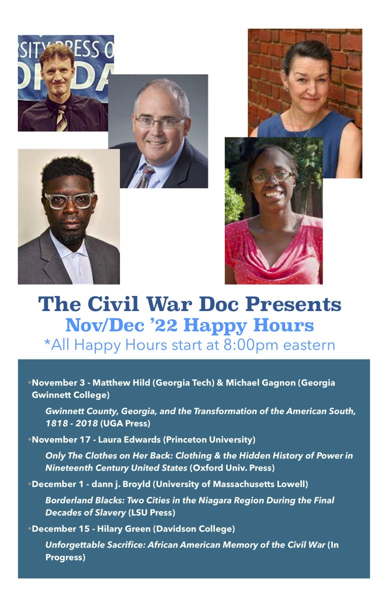 We're excited to announce our fall happy hour line up! Mark your calendars, sign up on our Patreon page (patreon.com/TheCivilWarDoc…) and join us on Thursday evening this fall! Thanks to <a href="/jskippe1/">Jodi Skipper</a>, <a href="/davidsilkenat/">David Silkenat</a>, <a href="/cybersmith722/">Clayton Butler</a>, <a href="/dr_md33/">Michael L. Dickinson</a>, <a href="/m_hild/">M. Hild</a>, <a href="/DannJBroyld/">dannj Broyld</a>, <a href="/HilaryGreen77/">Dr. Hilary Green</a>