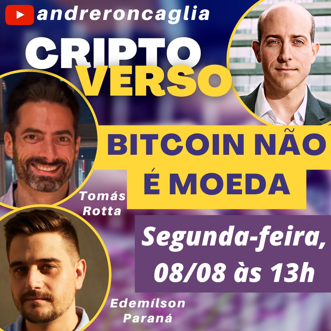 andreroncaglia's tweet image. Daqui a pouco, às 13h, #CriptoVerso recebe @tomasrotta para conversar comigo e @parana_ sobre a natureza do Bitcoin. Afinal: é ou não é uma moeda?

Vem conversar conosco.

Link: youtube.com/watch?v=FP23Ib…