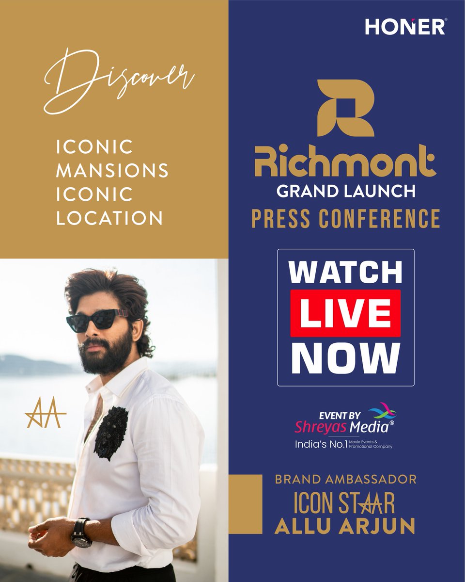 The Grand Launch Event of #HonerRichmont by @HonerHomes Brand Ambassador Icon Star @alluarjun is Live Now😎✌️ Watch Live Here : ▶️ youtu.be/OG45b8oRnJA #AlluArjun @shreyasgroup #HonerHomes #ShreyasMedia