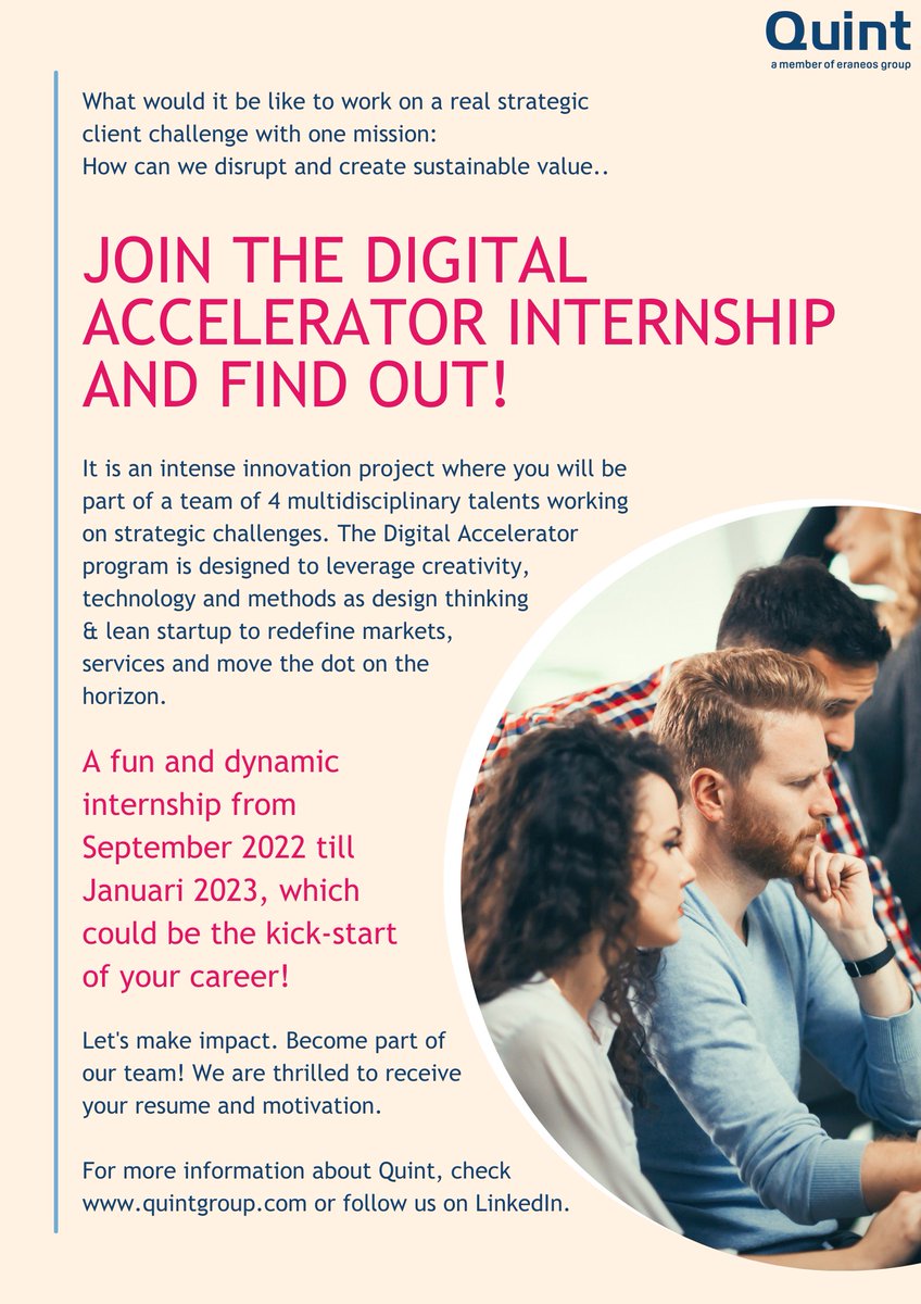 MauriceBoon's tweet photo. Wil jij impact maken én je carrière een boost geven? Doe dan mee met de Digital Accelerator Internship van @Quint!
  
Lees meer over onze stage en solliciteer via 
https://t.co/MNWOSZ3aIh
 
#stage #consultants #impact https://t.co/FTTQgdSMvT