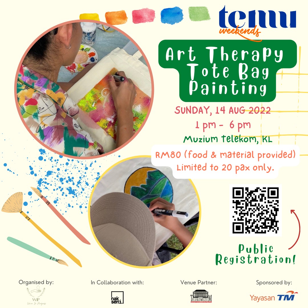temuweekends's tweet photo. 1/2 #TEMUWeekends

In collaboration with NakSeni, @mywiphealing 
is hosting an Art Therapy Totebag Painting session FOC specially for PWD artists on 13 August 2022 (Saturday) at Muzium Telekom.

Register for OKU/PWD : https://t.co/R4ZpijrW3g

+ https://t.co/tyGmRH5EfO