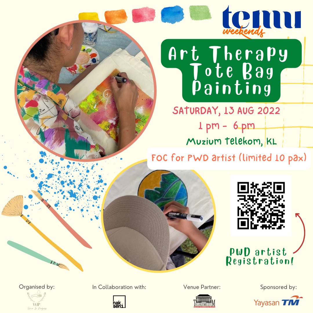temuweekends's tweet photo. 1/2 #TEMUWeekends

In collaboration with NakSeni, @mywiphealing 
is hosting an Art Therapy Totebag Painting session FOC specially for PWD artists on 13 August 2022 (Saturday) at Muzium Telekom.

Register for OKU/PWD : https://t.co/R4ZpijrW3g

+ https://t.co/tyGmRH5EfO