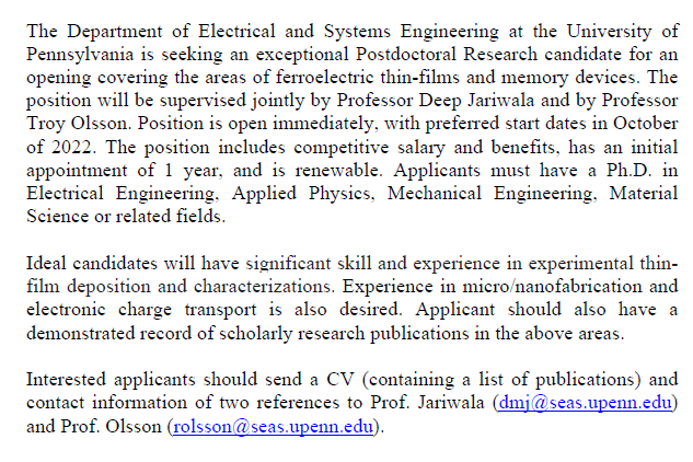 Deep Jariwala (@deep29jariwala) on Twitter photo We are looking to hire an exceptional and motivated postdoctoral scholar in a very exciting and fast moving area of research. Please see the details below and retweet/share with relevant individuals and communities. <a href="/ESEatPenn/">Penn Electrical and Systems Engineering</a> <a href="/UPennSinghNano/">Nano</a> <a href="/PennEngineers/">Penn Engineering</a>. We are looking to hire an exceptional and motivated postdoctoral scholar in a very exciting and fast moving area of research. Please see the details below and retweet/share with relevant individuals and communities. <a href="/ESEatPenn/">Penn Electrical and Systems Engineering</a> <a href="/UPennSinghNano/">Nano</a> <a href="/PennEngineers/">Penn Engineering</a>.