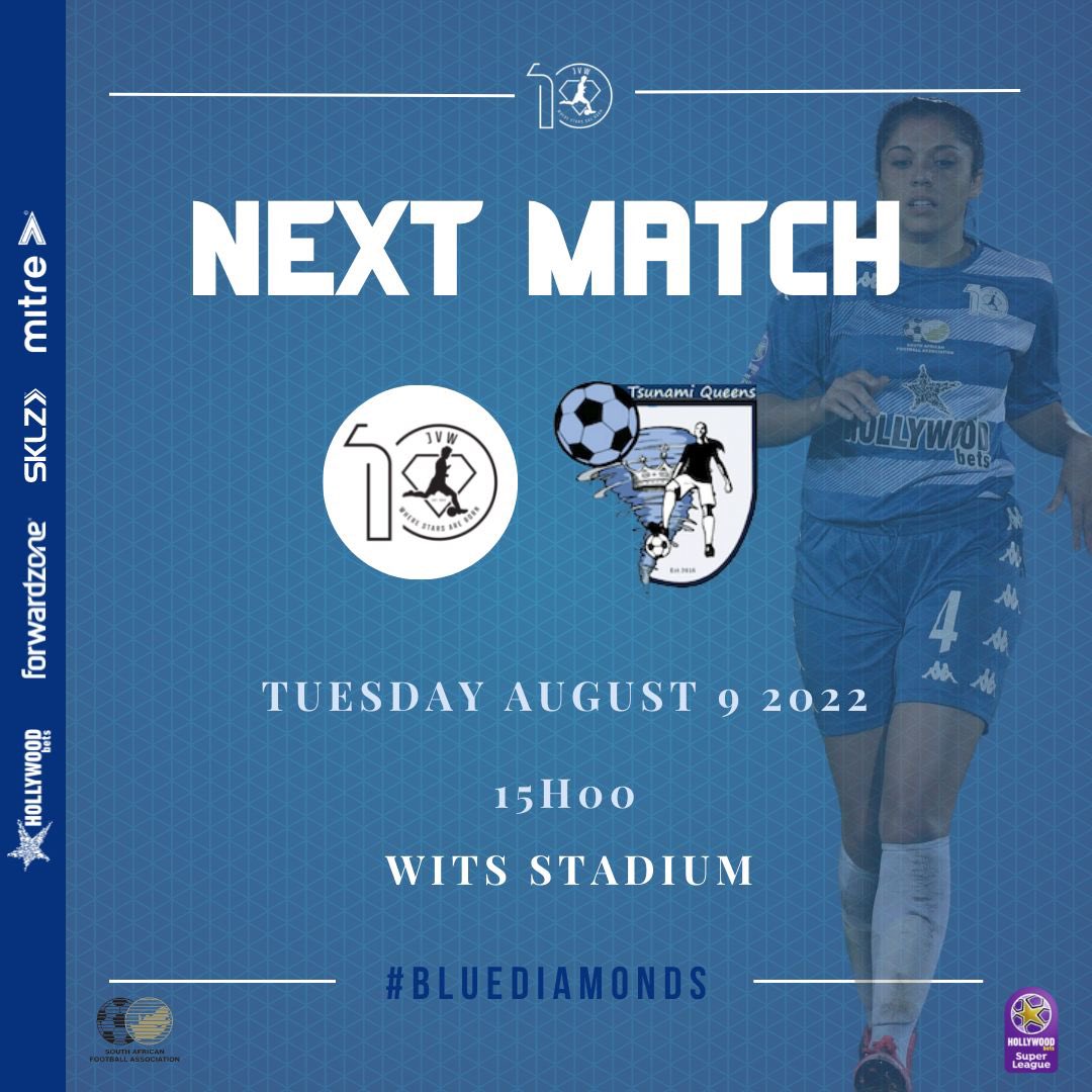 NEXT MATCH 

Mid-week fixture, the #bluediamonds are back on home turf &amp; look to continue winning momentum as we take on Tsunami Queens. 

We welcome all fans to come support womens football on womens day! ⚽️ 

#wearejvw
#bluediamonds 
#hwbsl
#hollywoodbetssuperleague