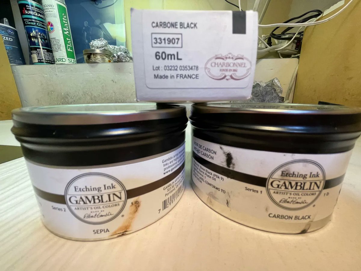 IntaglioEdition's tweet photo. Calibrating Gamblin Sepia and Charbonnel Carbon Black etching inks this week for some special, upcoming holiday editions. Contact us for custom plates and editions. #printmaking #polymerphotogravure #photopolymergravure #gravure #digitalnegatives #intaglio #traditional #artsed https://t.co/aXzAe35iFI