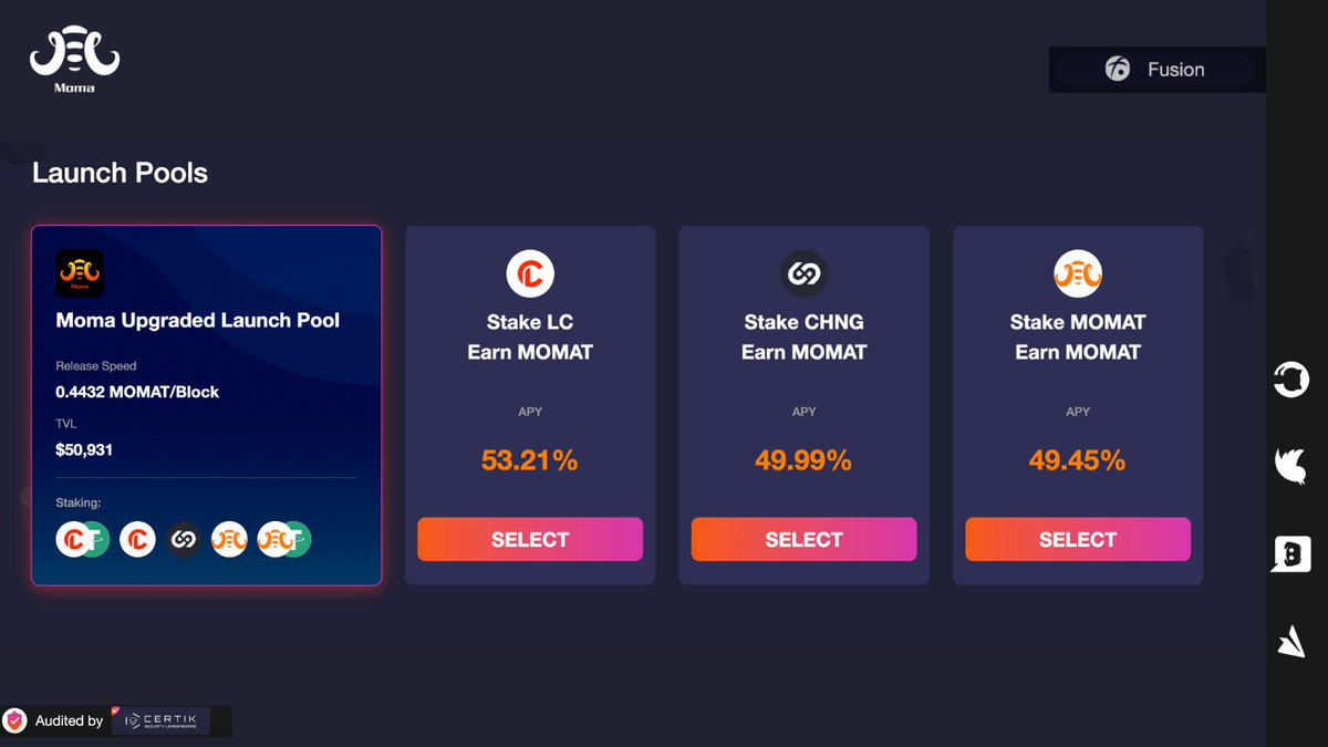 APY data update📊
➡️Moma Launch Pool 
🔶 $LC single token mining : APY53.21%🔥
🔶 $CHNG single token mining: APY49.99%🔥
🔶 $MOMAT single token mining: APY 49.45%🔥
➡️Stake to earn 👉🏼app.moma.finance
