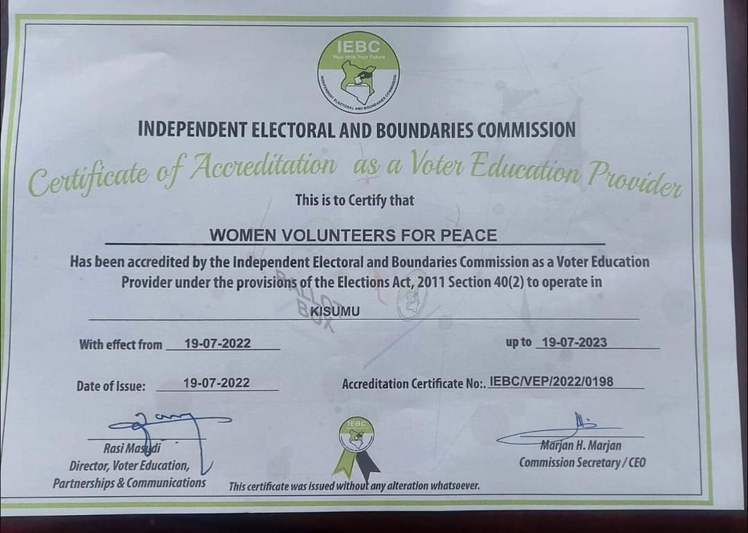 WOVOP_org's tweet photo. We have been accredited by @IEBCKenya to support the elections through voter education during as well as observation role to ensure peaceful elections in Kisumu county
 @IEBC_YCC @FNF_Africa @YouthServingKE @igadsecretariat @SuluhuCentre @iphrdafrica @NSCpeace @PeaceFirstOrg https://t.co/jdqyn7GsAR