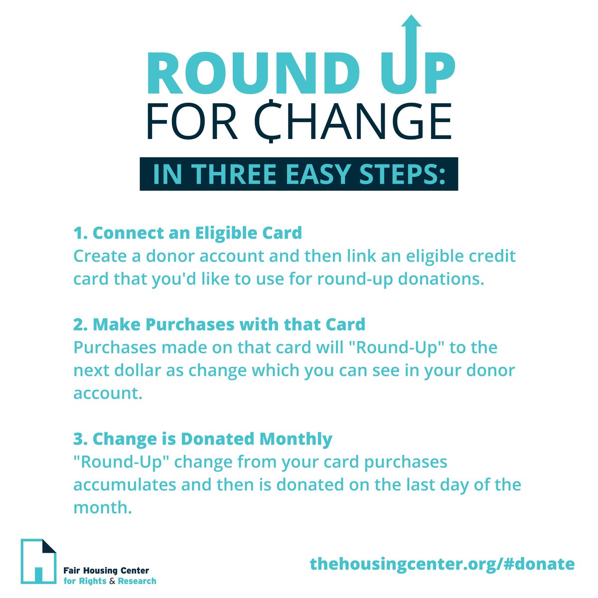 Support fair housing in three easy steps!

1. Connect an eligible card
2. Make purchases with that card
3. Change is donated monthly to support the work of The Fair Housing Center

#RoundUpForChange here: bit.ly/3zMVo8w
