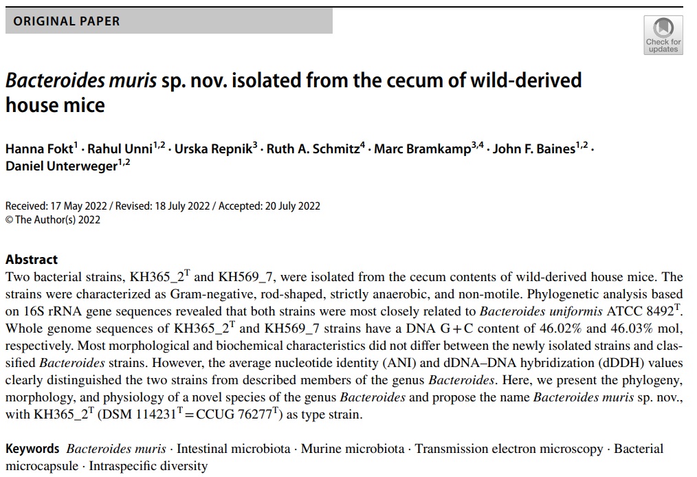 SpringerMicBio's tweet image. New in Archives of Microbiology: Bacteroides muris sp. nov. isolated from the cecum of wild-derived house mice

Read for free now at: link.springer.com/article/10.100…

#Transmissionelectronmicroscopy #Bacterialmicrocapsule #Intraspecificdiversity