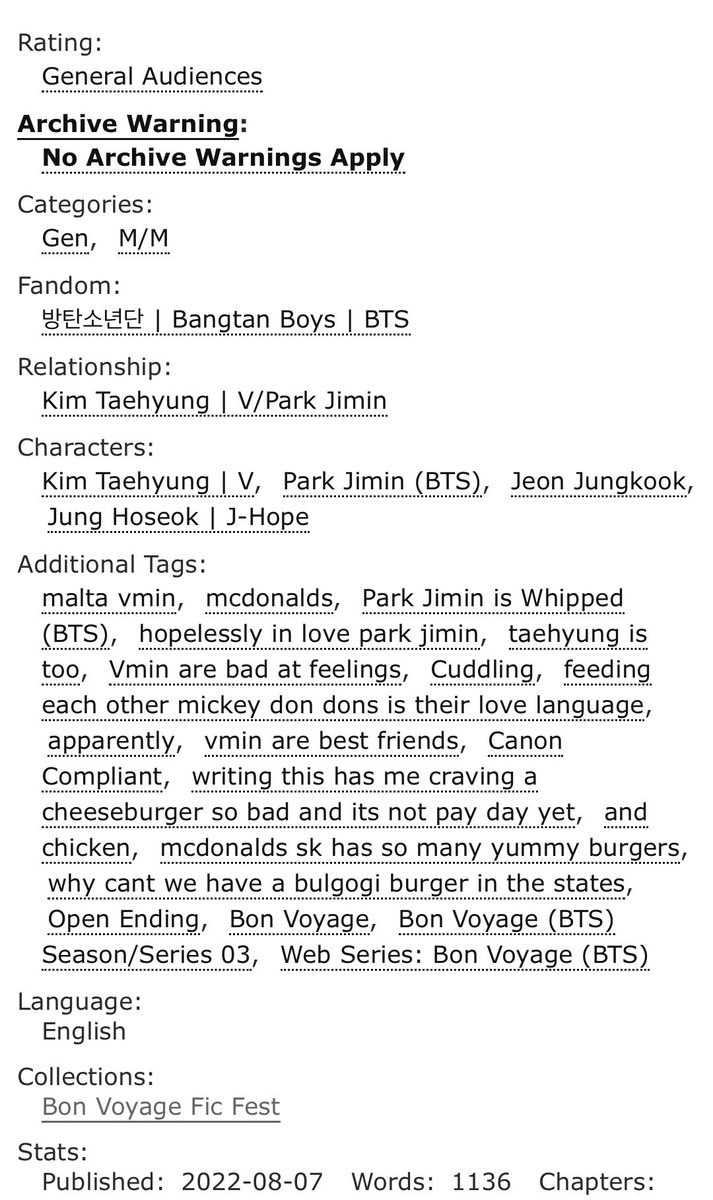 we could be so good

Jimin and Taehyung get McDonald's for dinner while working on solo music. Jimin reminisces about their Malta date. Set in fall 2018.

archiveofourown.org/works/40870710