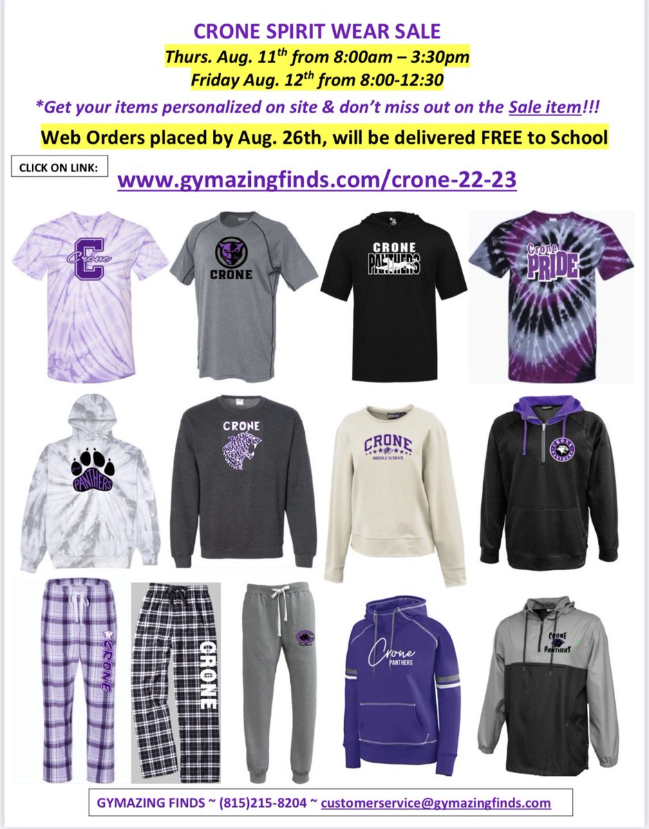 Don’t forget to stop by Crone for spiritwear Thurs or Fri!   
Or shop online at gymazingfinds.com/crone-22-23