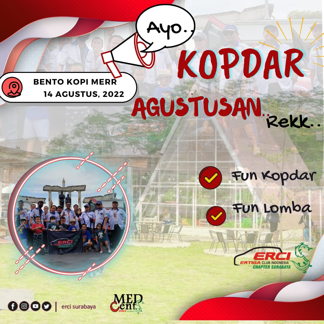 Hai Dulur-Dulur ERCI Suroboyo
_"Ayoo Rek Kopdar Agustusan."_ 
Kami para pengurus ingin mengundang Om-Om dan Tante-Tante dalam acara *KOPDAR RUTIN BULANAN ERCI SUROBOYO* 
#ercisurabaya
#ercimilikbersama
#empathyrespectcooperativeintegrity