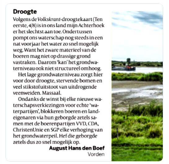AWP_NL's tweet photo. Droogte in de #Achterhoek. #Geborgde #zetels samen met VVD, SGP en CDA blokkeren verhoging van #grondwaterpeil. https://t.co/k3IKwirM1z