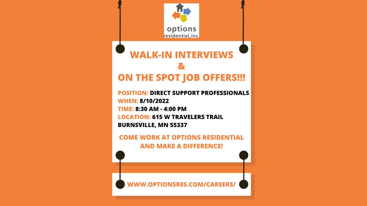 OptionsRes's tweet photo. Come work at Options Residential and make a difference!
 
We are offering walk-in interviews for our Direct Support Professional positions all day on Wednesday the 10th!
 
We hope to see you there!!

https://t.co/foFy6uH1Aq https://t.co/Oxddc6q495